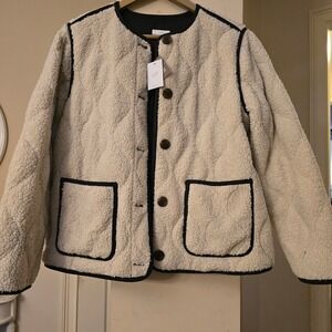 J. Jill Oatmeal Black Quilted Sherpa Jacket Fleece Button Front Coat 332391 S